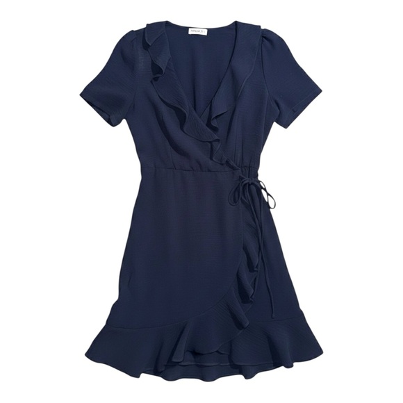 Chic Navy Ruffle Wrap Dress - Picture 1 of 3